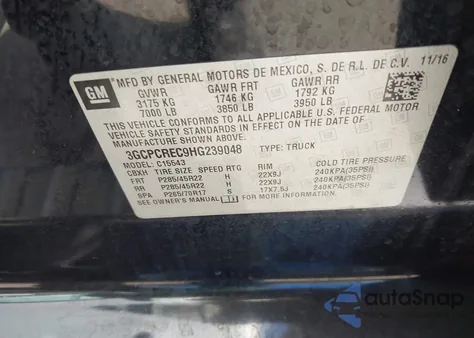 2017 Chevrolet Silverado 1500 1Lt from USA, damaged, VIN 3GCPCREC9HG239048